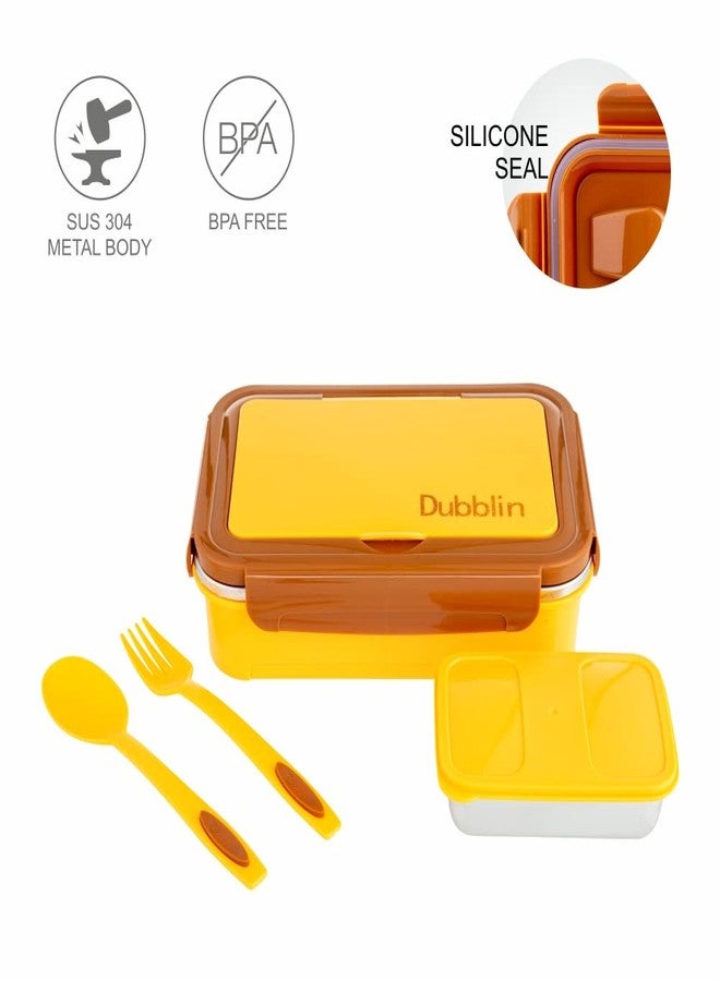 DUBBLIN Buffet Stainless Steel Lunch Box Insulated Airtight Spill Proof with Spoon, Fork & mini sabzi Container Inside, 850 ml, Yellow - Image 3